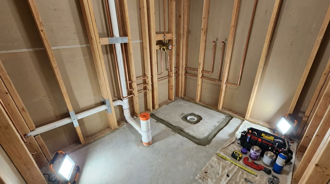 Bathroom rough-in plumbing during remodel by Johns Plumbing LLC in Brewer