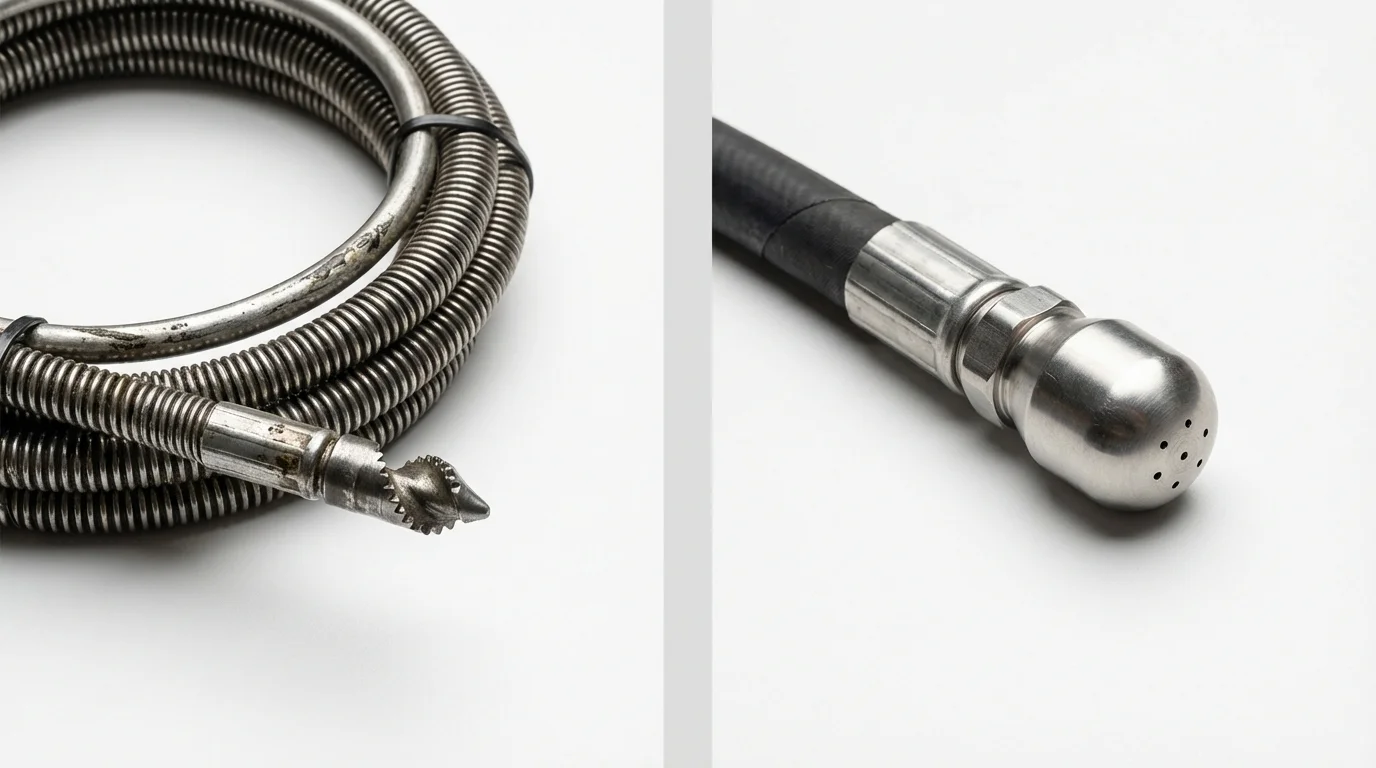 Drain snake cable and hydro jetting nozzle used for drain cleaning in Brewer, ME