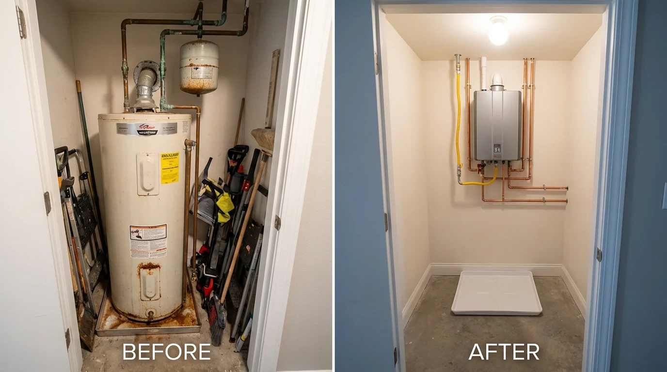 Tank water heater versus wall-mounted tankless unit comparison for Brewer, ME homeowners