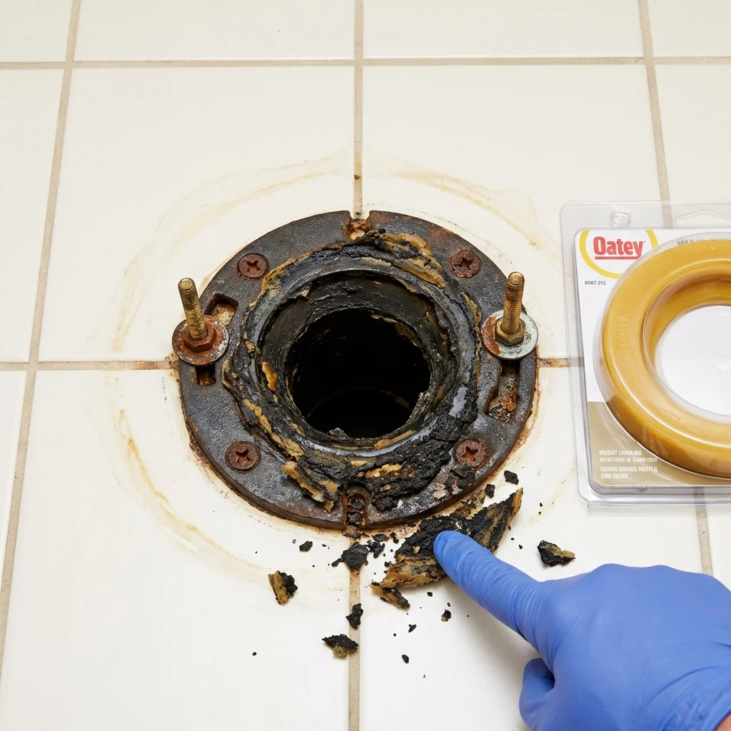 Failed wax ring showing water seepage at the base of a toilet in a Brewer, ME home