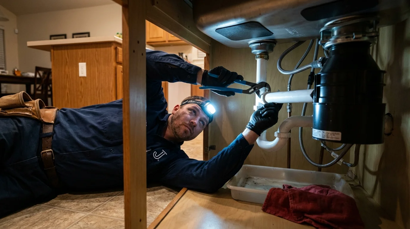 P-trap and supply line connections under a kitchen sink showing a common leak point in Brewer, ME